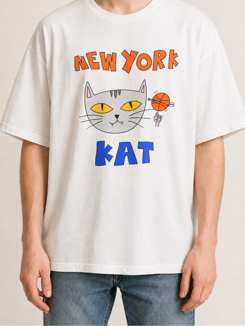Gildan White 'New York Kat' Graphic Tee with Orange & Blue Accents